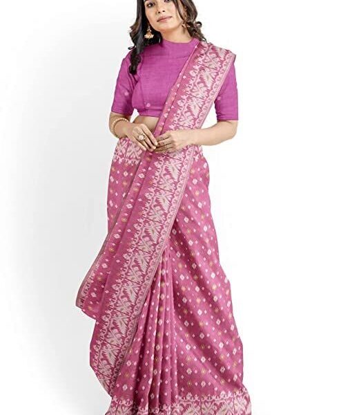 OISHANI SAREE GHOR Women's Traditional Bengal Cotton Silk Jamdani Saree (PINK)