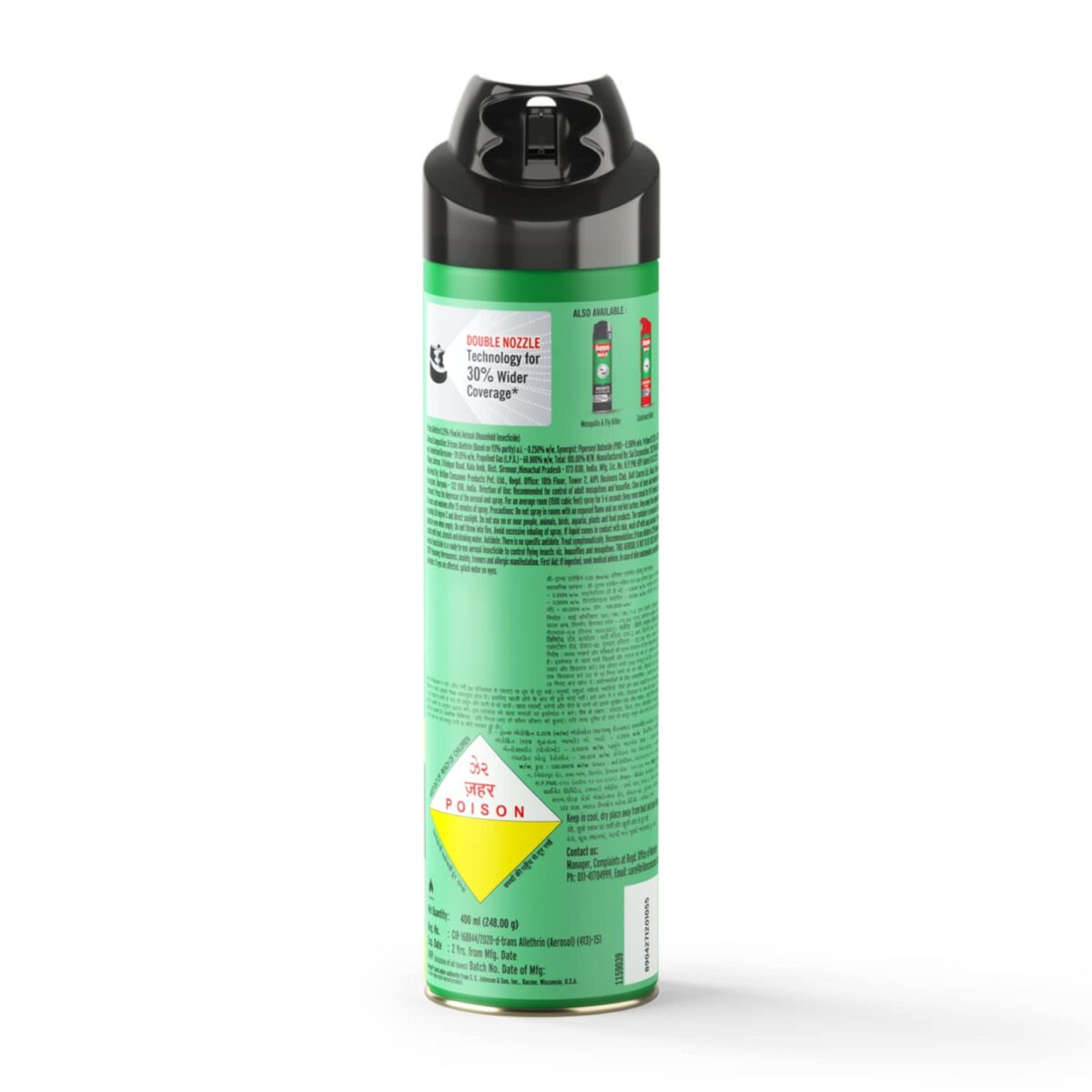 Baygon Max Mosquito and Fly Killer Spray, 400ml | Lime Fragrance | Instant Mosquito Repellent | Kills Dengue & Malaria Spreading Mosquitoes | With Double Nozzle Technology for 30% Wider Coverage - Image 2