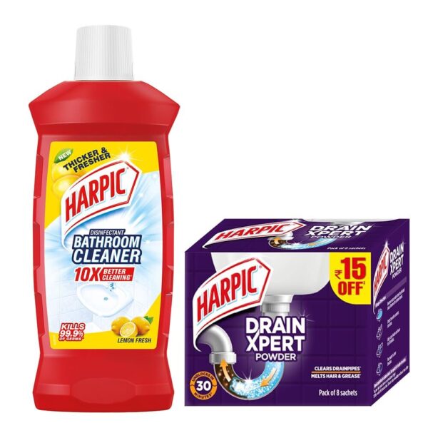 Harpic Disinfectant Bathroom Cleaner Liquid, Lemon - 1L + Harpic Drain Xpert Drain Cleaning Powder (50g x 8)