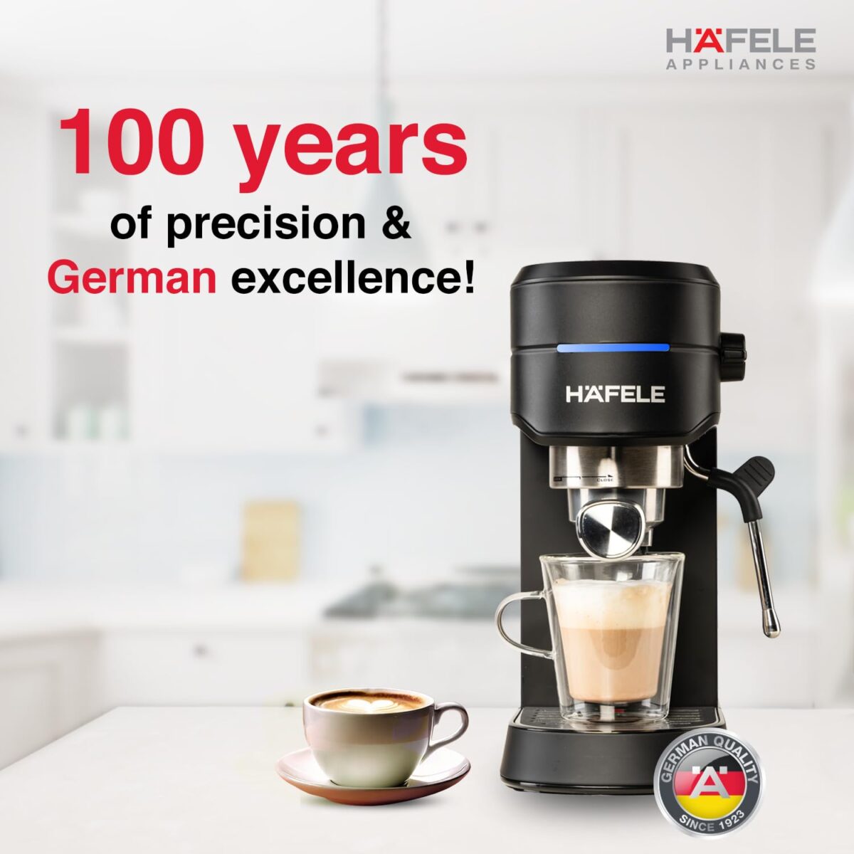 Hafele U-Kaffee Espresso Coffee Machine, 15-Bar Pressure, Removable Water Tank (1L), Single/Double Espresso, Cappuccino & Latte, Adjustable Milk Frother, Thermoblock Technology, 1450 W - Image 2