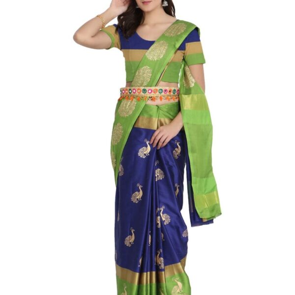Leriya Fashion Women's Soft Cotton Silk Foli Work (jari Work) Saree with Belt(Free Size) (Blue)