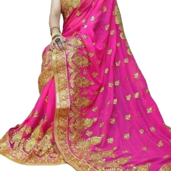 KHRITI FAB Women's New Georgette Embroidered Sari With Unstitched Blouse Piece(Free Size) (Gajari)