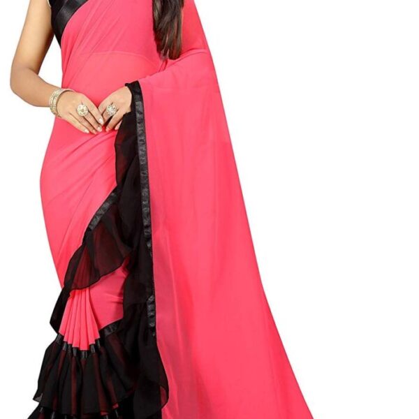 Market Magic World Women's Georgette Saree (Combinationruffle_Gajri-Black_Free Size_Gajri Black)