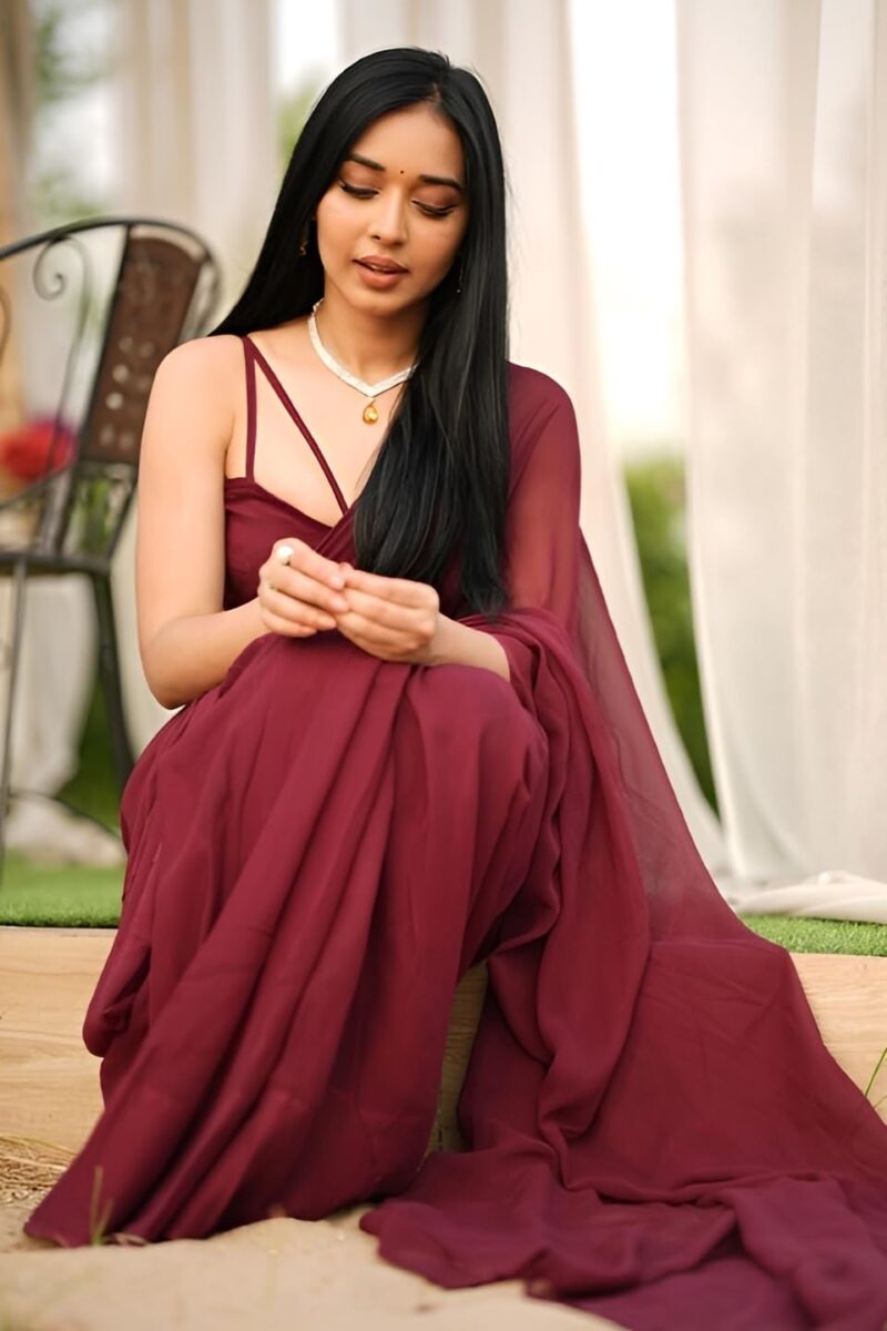 Stylescope Women's Plain Georgette Ready To Wear One Minute Saree With Unstitched Blouse Piece (Kalki Maroon_Maroon_Free Size) - Image 7