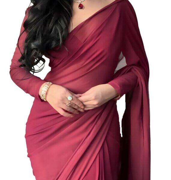 Stylescope Women's Plain Georgette Ready To Wear One Minute Saree With Unstitched Blouse Piece (Kalki Maroon_Maroon_Free Size)