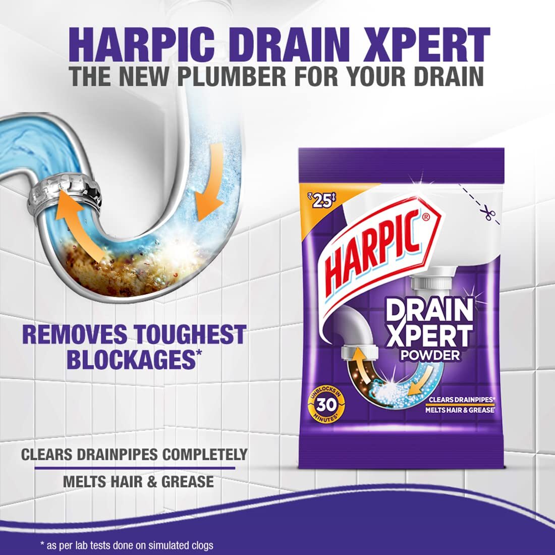 Harpic Disinfectant Toilet Cleaner Liquid, Orange - 1 L & Harpic Drain Xpert Drain Cleaner Powder (50g x 8) | Effective Sink Cleaner, Drain Blockage Remover, Drain Pipe Cleaner - Image 5