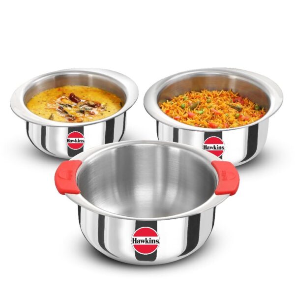 Hawkins Kitchen Gift Pack 2023 (23SGP) 3 Pieces Set of 1.5 Litre, 2 Litre and 2.5 Litre Triply Stainless Steel Patila, Tope, Bhagona, Tapeli, Saucepans Silver