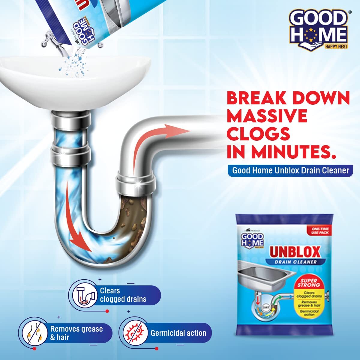 Good Home Unblox Drain Cleaner Effective Sink Cleaner, Drain Blockage Remover, Drain Pipe Cleaner(Pack of 8) - Image 5