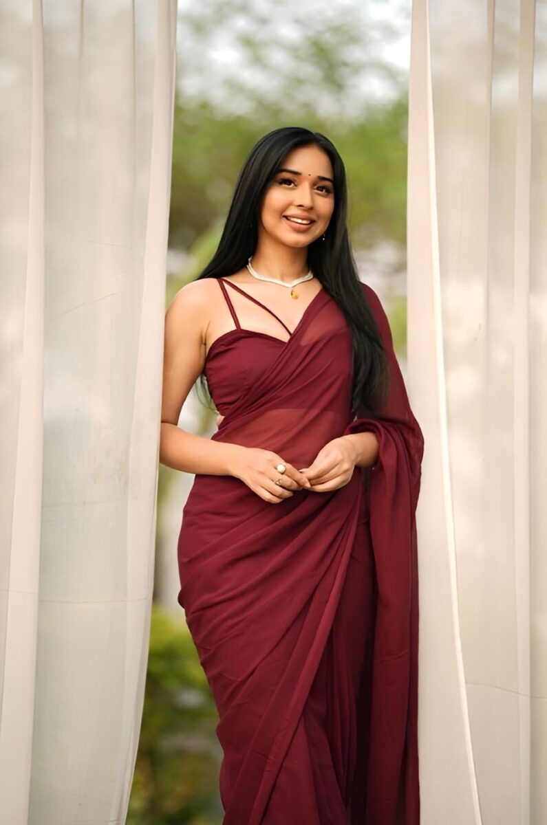 Stylescope Women's Plain Georgette Ready To Wear One Minute Saree With Unstitched Blouse Piece (Kalki Maroon_Maroon_Free Size) - Image 5