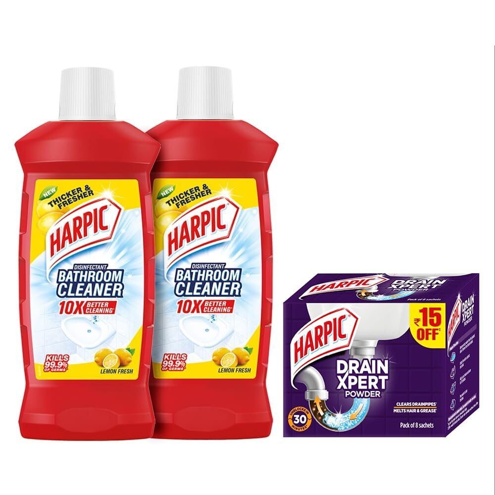 Harpic Disinfectant Bathroom Cleaner Liquid, Lemon - 1L (Pack of 2) + Harpic Drain Xpert Drain Cleaning Powder (50g x 8)