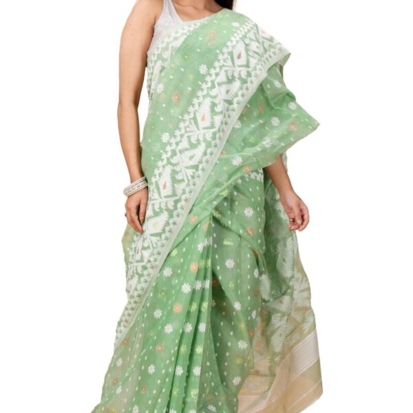 OISHANI SAREE GHOR Women's Traditional Bengal Cotton Silk Soft Jamdani Saree - Beautiful design and Quality - Without Blouse Piece (Mint Green)