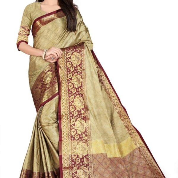 leeza store Banarasi Cotton Silk Kanjivaram Style Saree With Blouse Piece (Cream Color_Free Size)