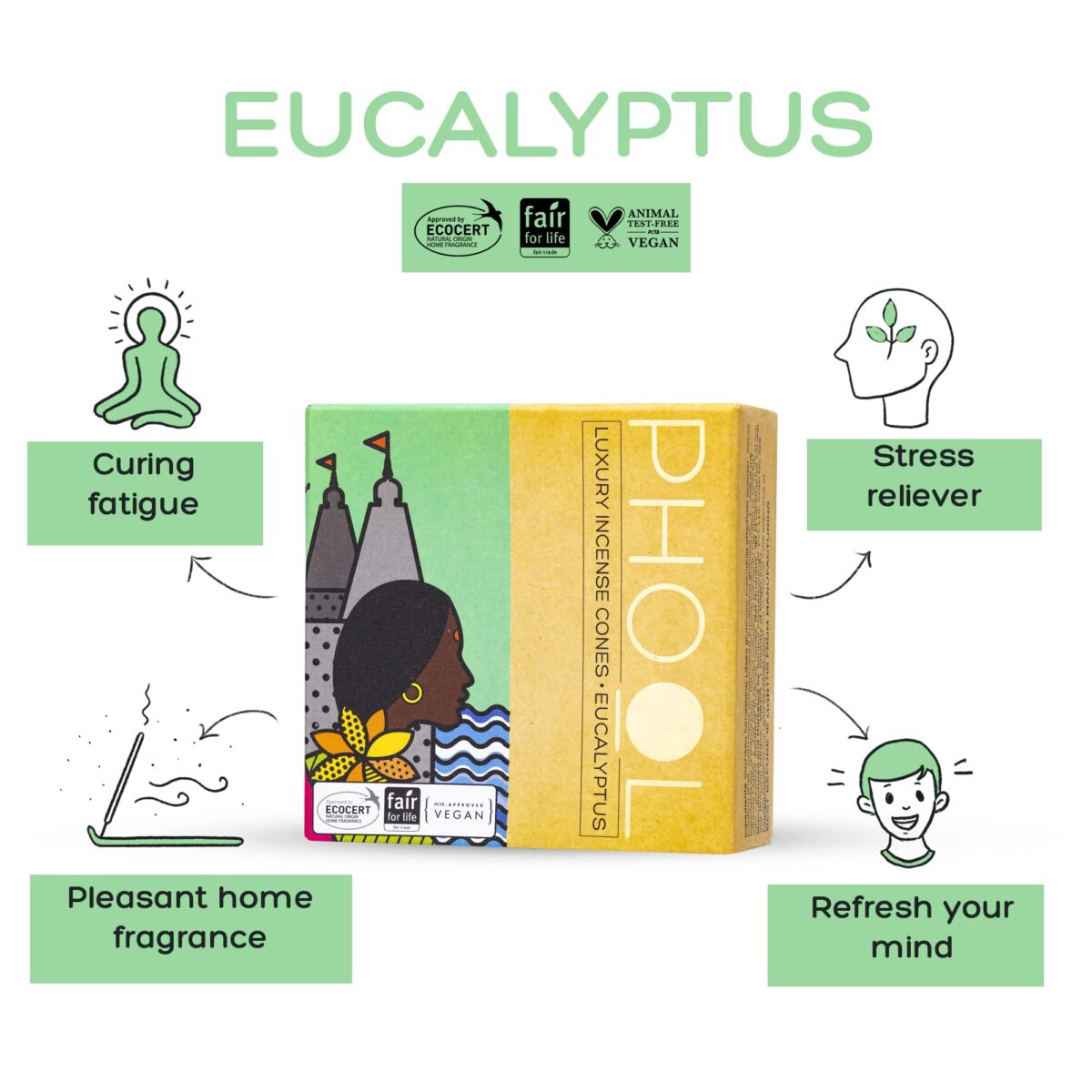 PHOOL LUXURY INCENSE Mosquito Repellent|Pack Of 2(80 Organic Dhoop Cones|2 Fragrances- Citronella&Eucalyptus)+1 Free Ceramic Holder|Handrolled|Sulphur&Charcoal Free|100% Organic(500 Gms) - Image 5