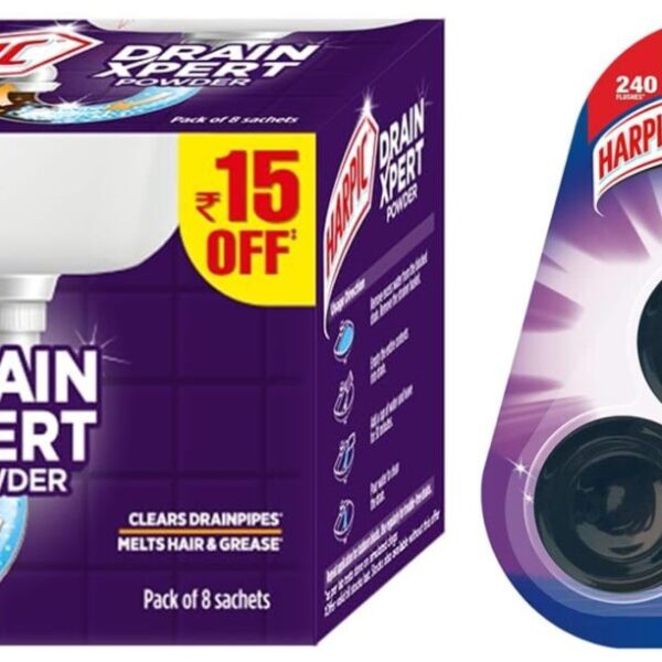 Harpic Flushmatic In-Cistern Toilet Cleaner Blocks, Lavender - 150 g & Harpic Drain Xpert Drain Cleaner Powder (50g x 8) | Effective Sink Cleaner, Drain Blockage Remover, Drain Pipe Cleaner