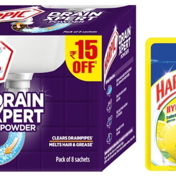 Harpic Drain Xpert Drain Cleaner Powder (50g x 8) & Harpic Hygienic Toilet Cleaner Rim Block, Citrus - 26 g COMBO