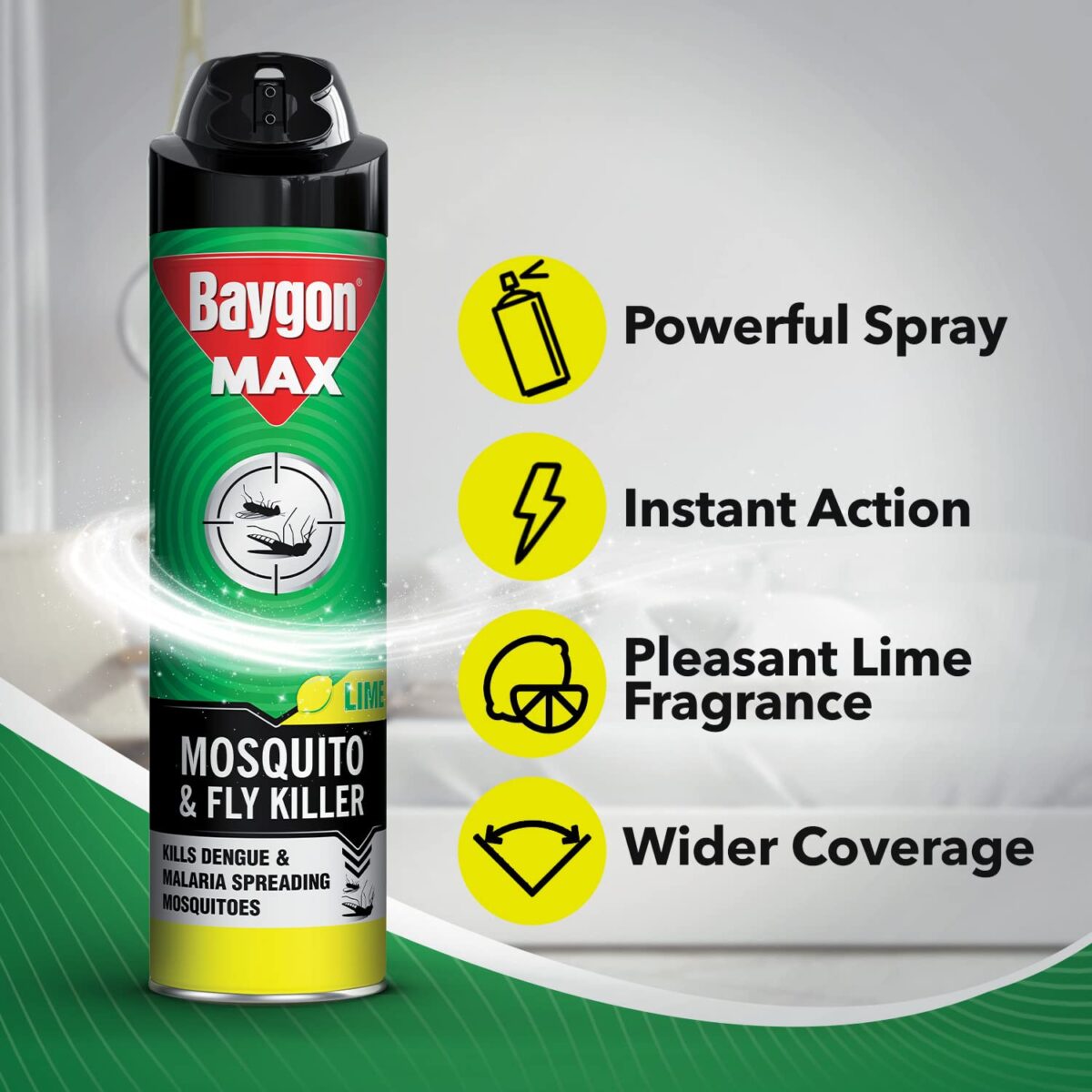 Baygon Max Mosquito and Fly Killer Spray, 625ml | Lime Fragrance | Instant Mosquito Repellent | Kills Dengue & Malaria Spreading Mosquitoes | With Double Nozzle Technology for 30% Wider Coverage - Image 5