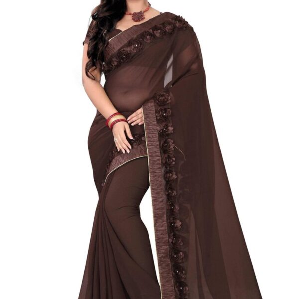 RIVA ENTERPRISE Georgette With Blouse Piece Saree (9C-9Lvv-T4Q8_Brown_Free Size, Womens)