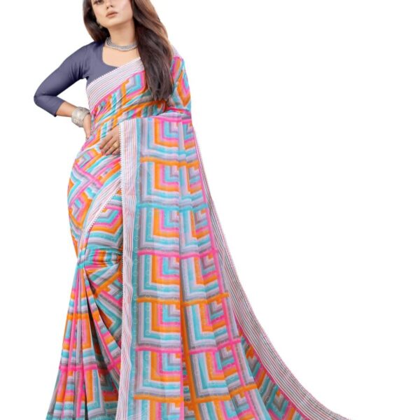 ROOP SUNDARI SAREES Women's Block Square Printed Georgette Saree For Women Top Selling Hit Sari Sadi With Lace Border With Blouse(Satrangi_blue grey_Multicolored_Free Size 6.30)