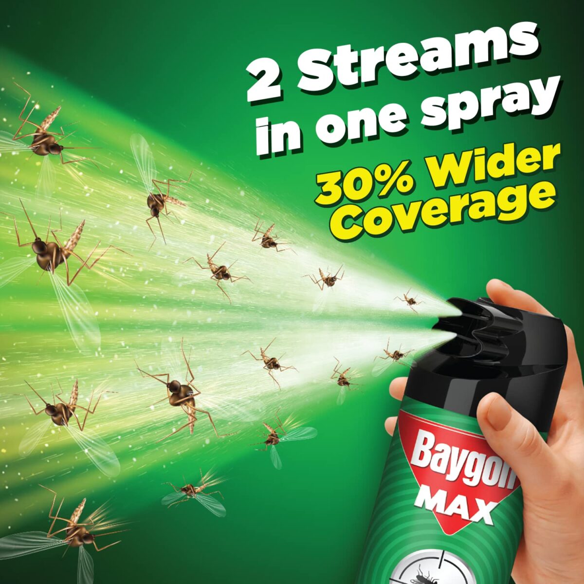 Baygon Max Mosquito and Fly Killer Spray, 625ml | Instant Mosquito Killer | Kills Dengue & Malaria Spreading Mosquitoes | With Double Nozzle Technology for 30% Wider Coverage - Image 7