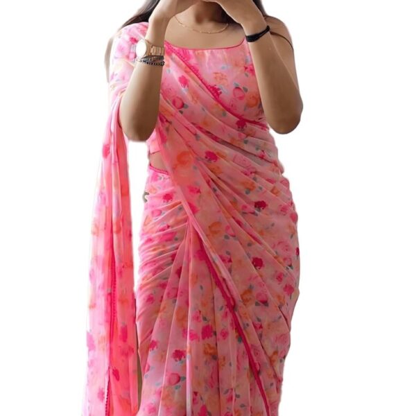 Stylescope Women's Georgette Floral Printed Lace Bordered Ready To Wear One Minute Saree With Print Unstitched Blouse Piece (Candy Pink_Pink_Free Size)