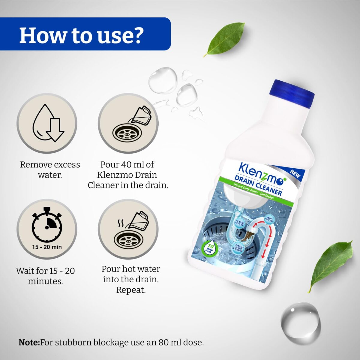 Klenzmo Drain Cleaner Liquid 400ml | Removes Blockages in Pipes, Sinks & Septic Tanks| Melts Grease & Dissolves Hair (Pack of 2) - Image 4