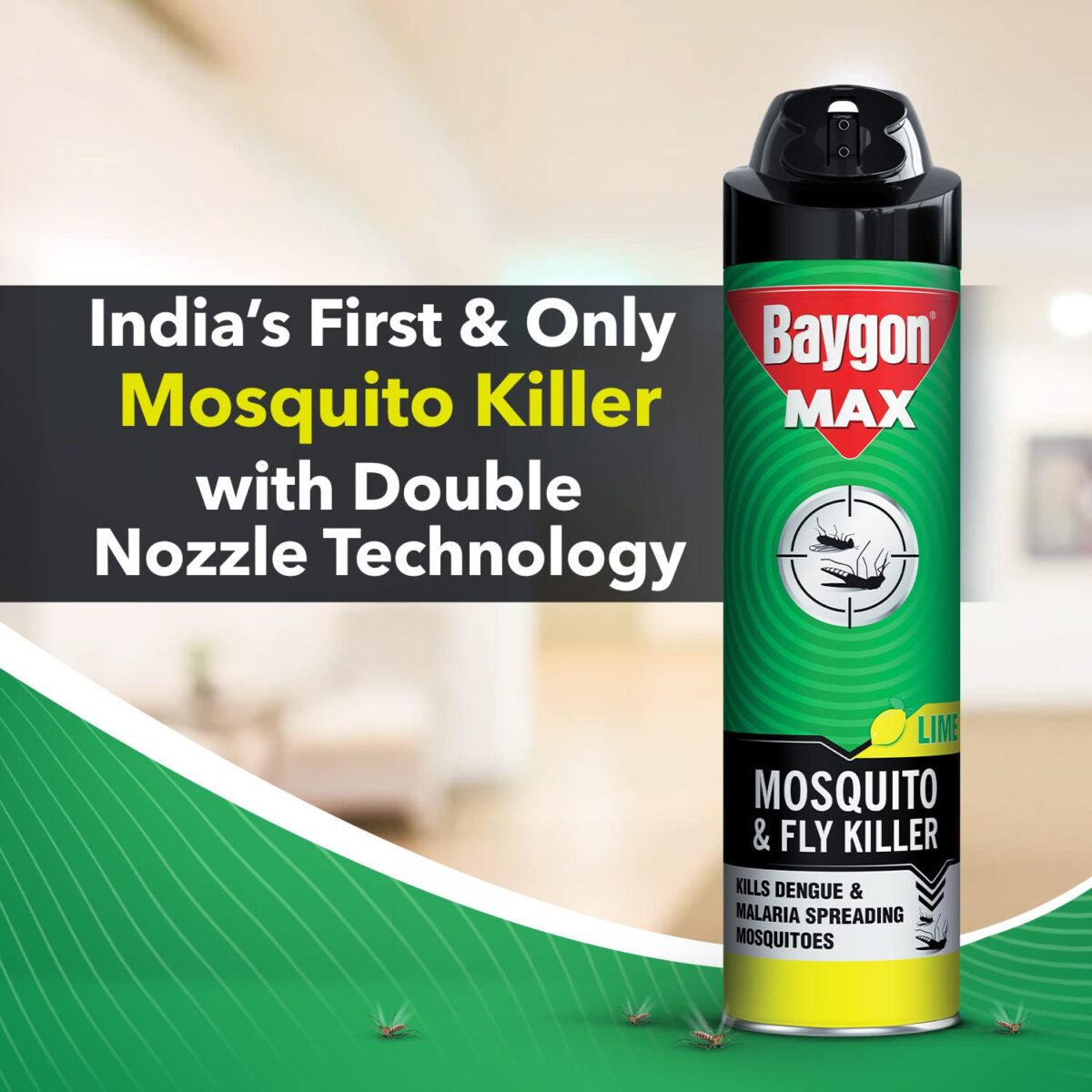 Baygon Max Mosquito and Fly Killer Spray, 625ml | Lime Fragrance | Instant Mosquito Repellent | Kills Dengue & Malaria Spreading Mosquitoes | With Double Nozzle Technology for 30% Wider Coverage - Image 9
