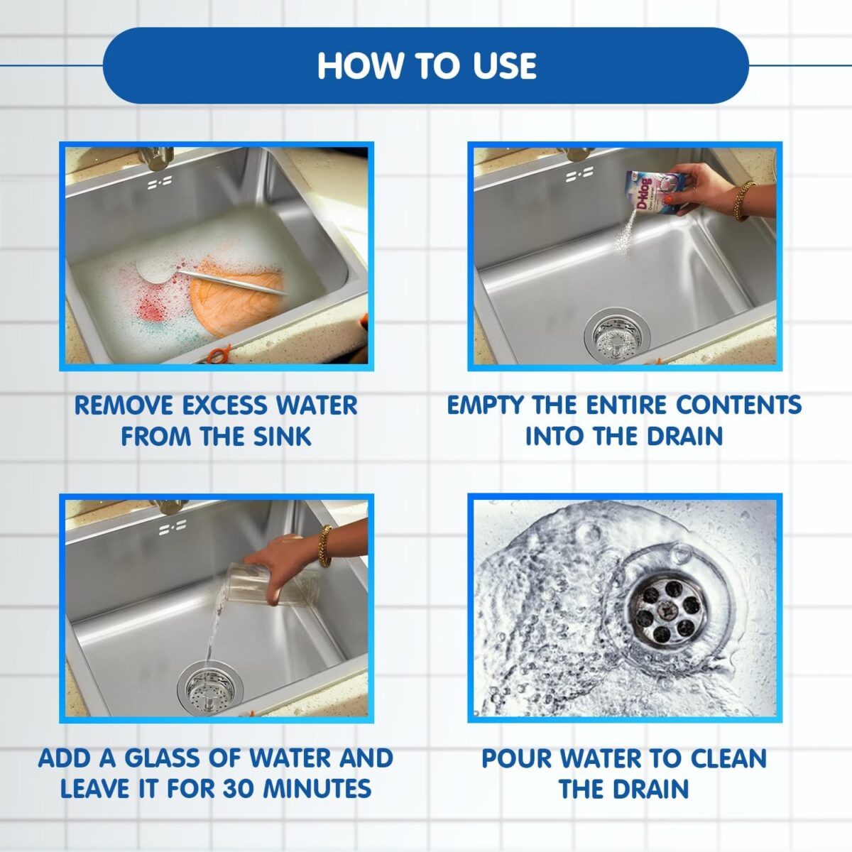 D-Klog Drain Cleaner Powder (40g x 8 Units), Removes Clogs, Blockages in Washbasin, Septic Tank, Sinks, Pipes within 30 mins.Drain expert | Sink cleaner| Toilet Cleaner | No manual hassle required - Image 3