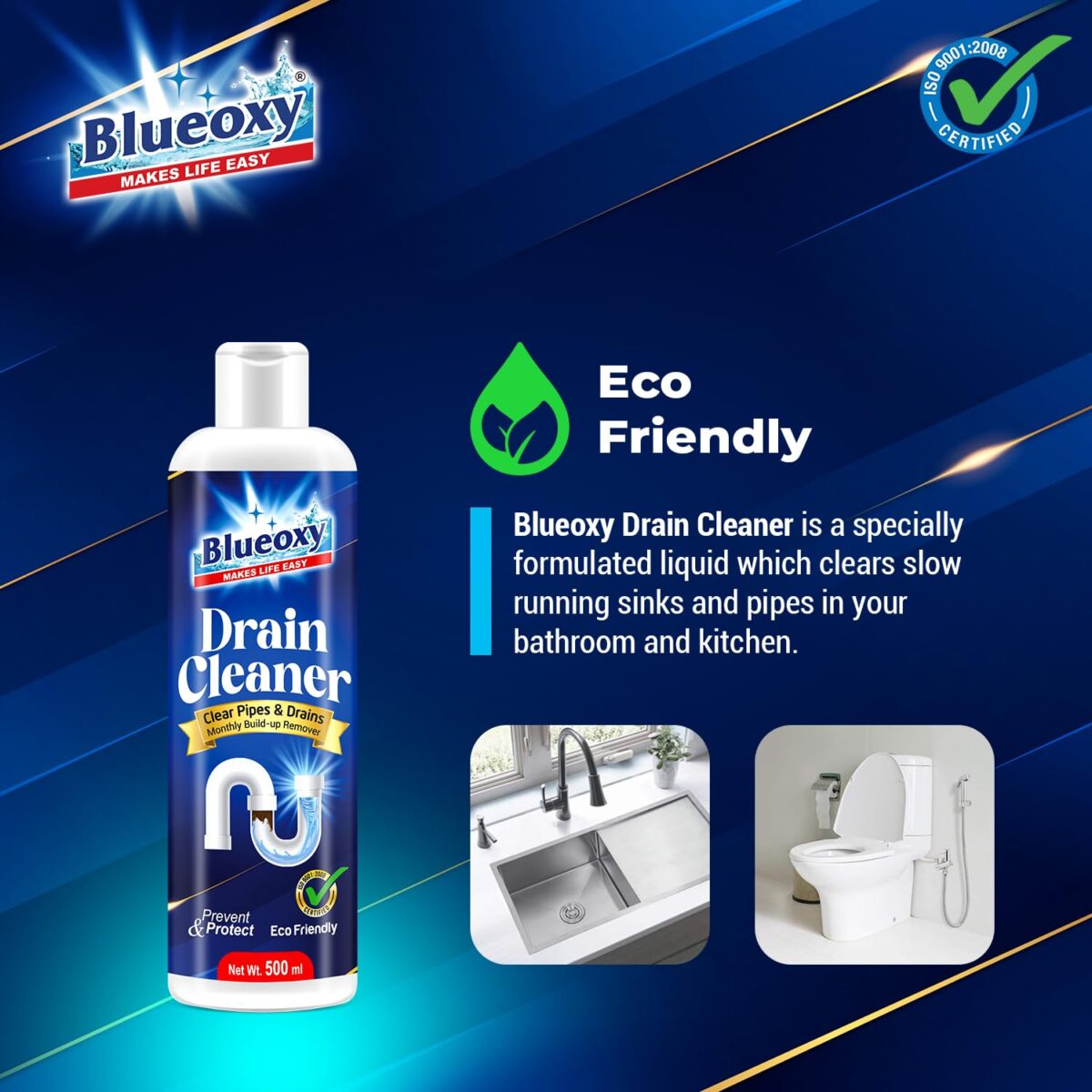Blueoxy Drain Clog Remover Liquid | Used for Shower & Sink Drains & Pipes | Pure Gel Based | 500 Ml | Pack of 1 - Image 2