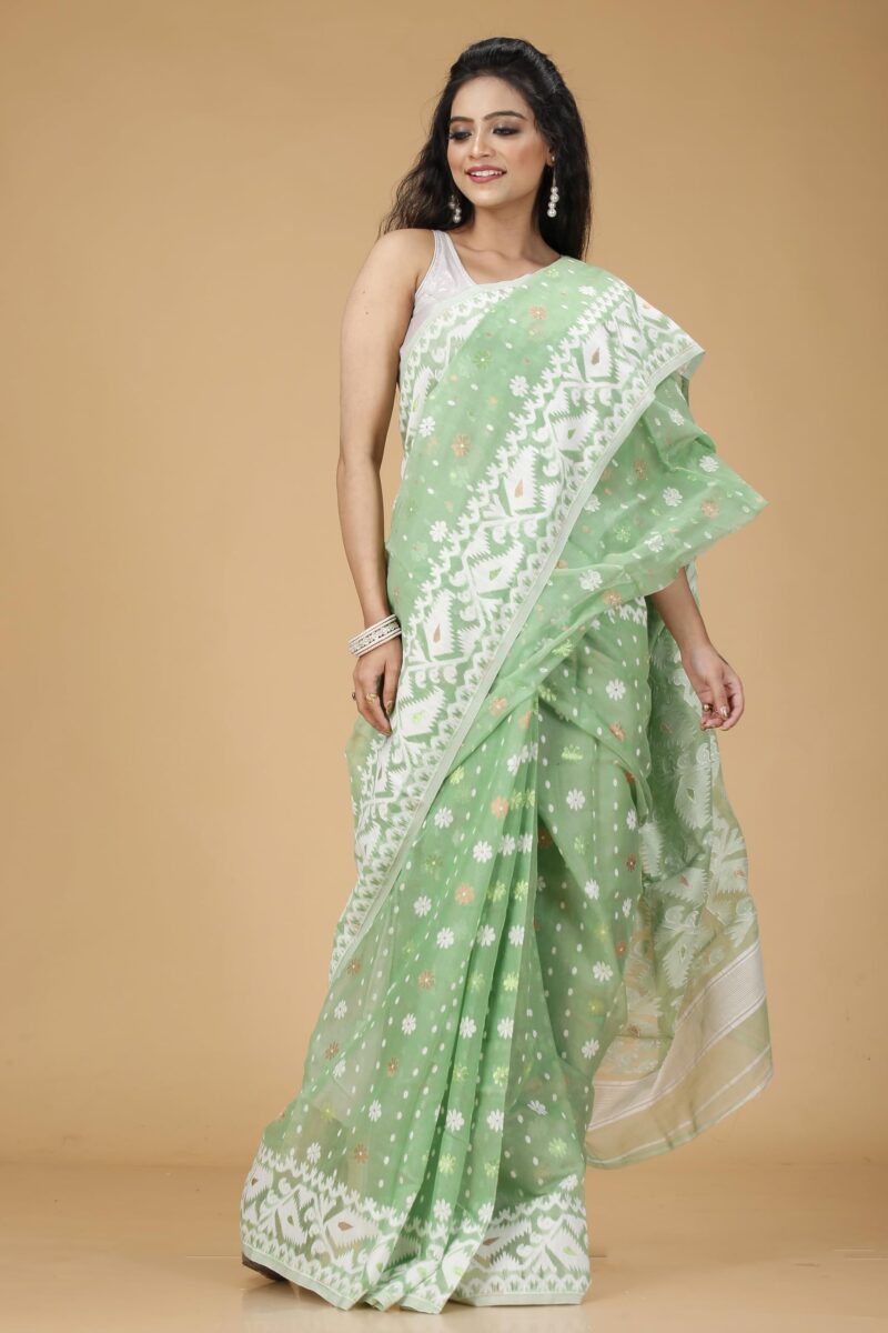OISHANI SAREE GHOR Women's Traditional Bengal Cotton Silk Soft Jamdani Saree - Beautiful design and Quality - Without Blouse Piece (Mint Green) - Image 4
