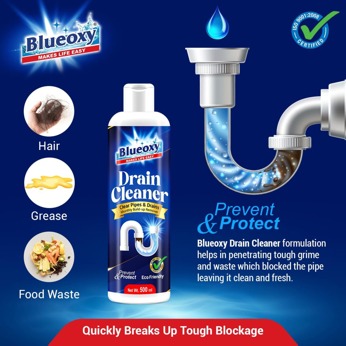 Blueoxy Drain Clog Remover Liquid | Used for Shower & Sink Drains & Pipes | Pure Gel Based | 500 Ml | Pack of 1 - Image 3