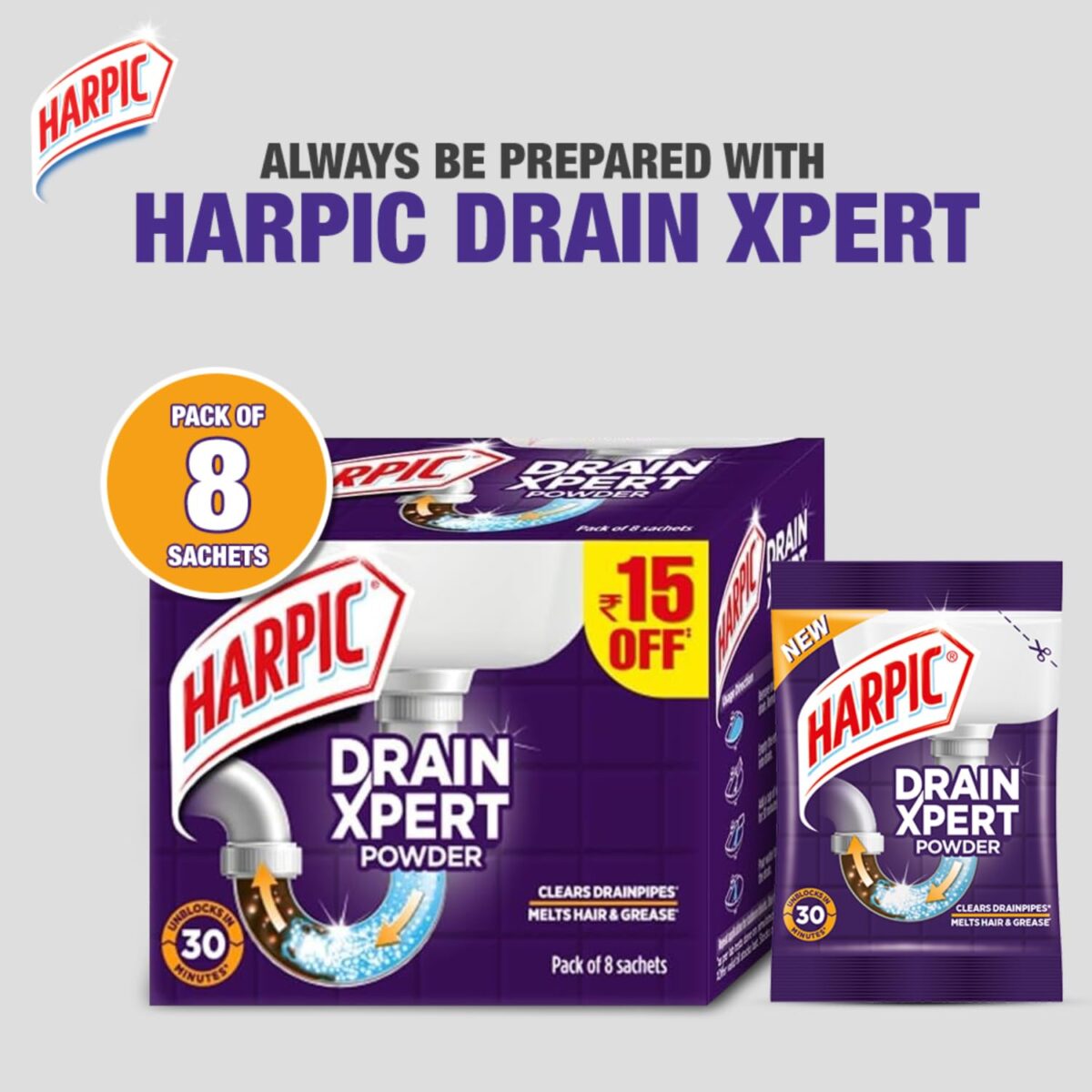 Harpic (50g x 8), DrainXpert Drain Cleaner Powder | Effective Sink Cleaner, Drain Blockage Remover, Drain Pipe Cleaner - Image 4