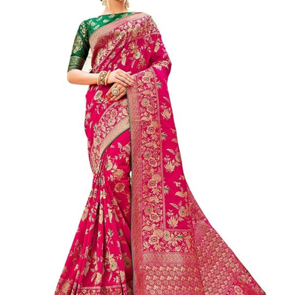 Monjolika Fashion Women's Banarasi Silk Blend Woven Zari With Tussles Saree and Jacquard Woven Blouse Piece (37765 color) (Magenta)