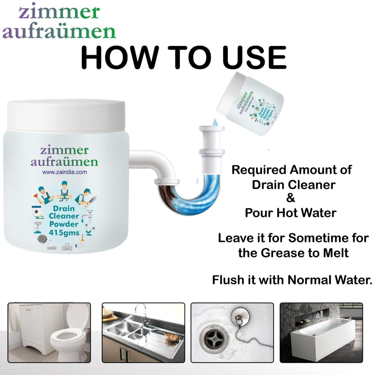 Zimmer Aufraumen 450gms Heavy Duty Drain Cleaner & Blockage Opener Powder. Opens Clogs. Dissolves Hair, Accumulated Soap Scum & Dirt. Biodegradable. Economical. - Image 6