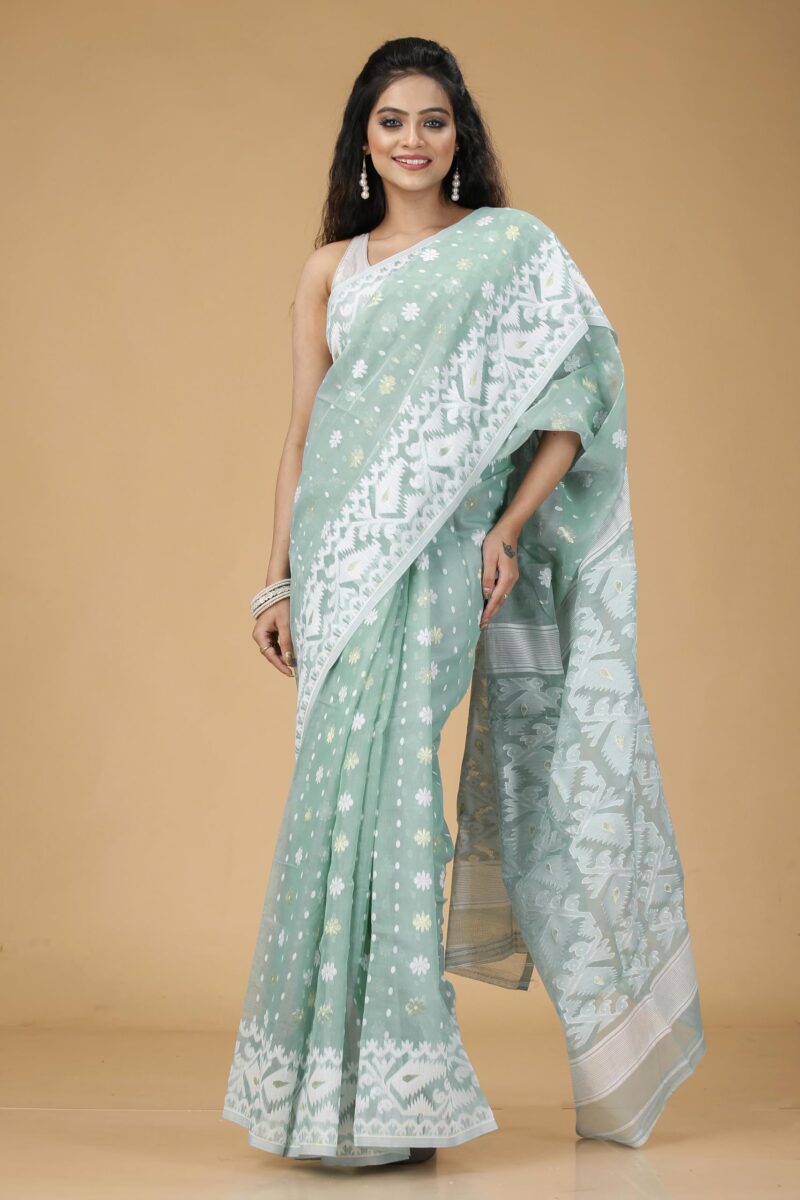 OISHANI SAREE GHOR Women's Traditional Bengal Cotton Silk Soft Jamdani Saree - Beautiful design and Quality - Without Blouse Piece (Pastel Turquoise) - Image 5