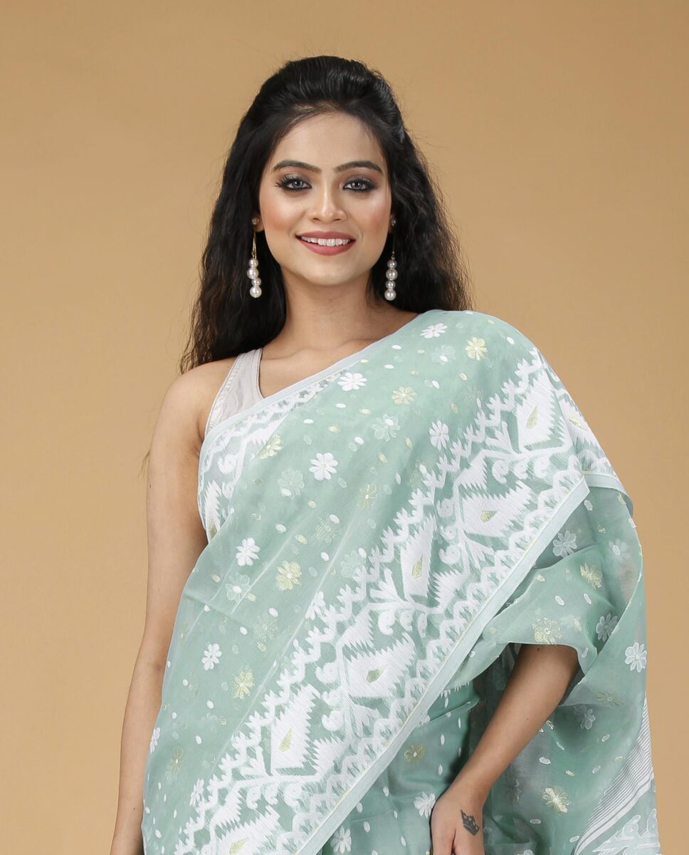 OISHANI SAREE GHOR Women's Traditional Bengal Cotton Silk Soft Jamdani Saree - Beautiful design and Quality - Without Blouse Piece (Pastel Turquoise) - Image 3