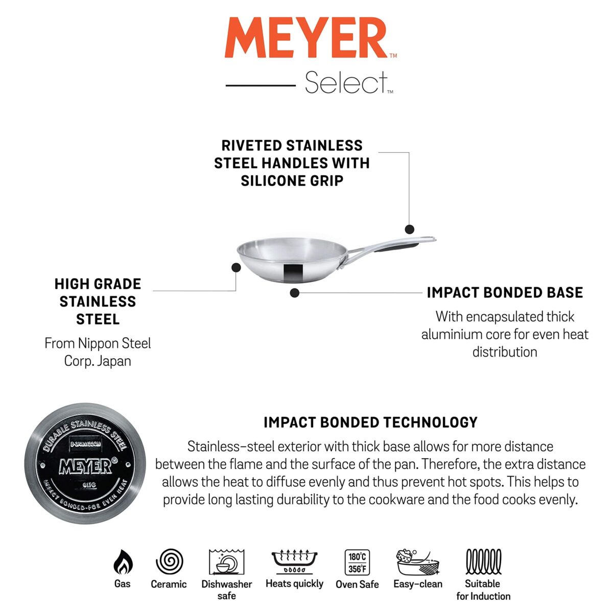 Meyer Select Stainless Steel Open Frypan 26cm (Induction & Gas Compatible) - Image 2