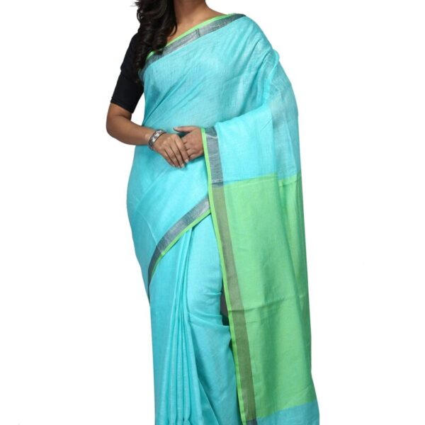 NAKSH KHADI BOUTIQUE Women's KHADI Linen Pure Sari heart of Bengal_looms Handwoven 100 count made of Organic thread. Very soft & light weight SUMMER Special. (NKB_06) Maz Green_Free Size)