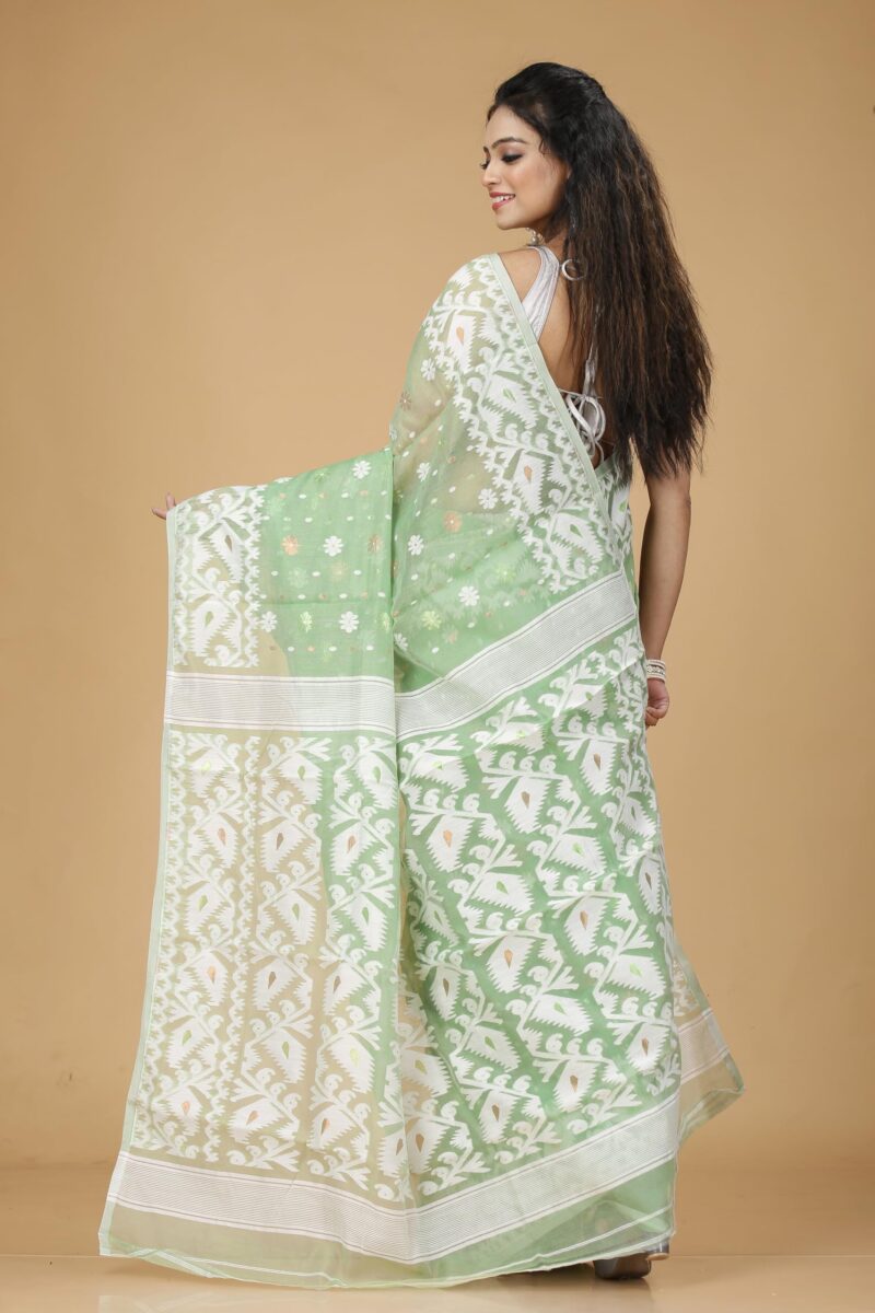 OISHANI SAREE GHOR Women's Traditional Bengal Cotton Silk Soft Jamdani Saree - Beautiful design and Quality - Without Blouse Piece (Mint Green) - Image 6