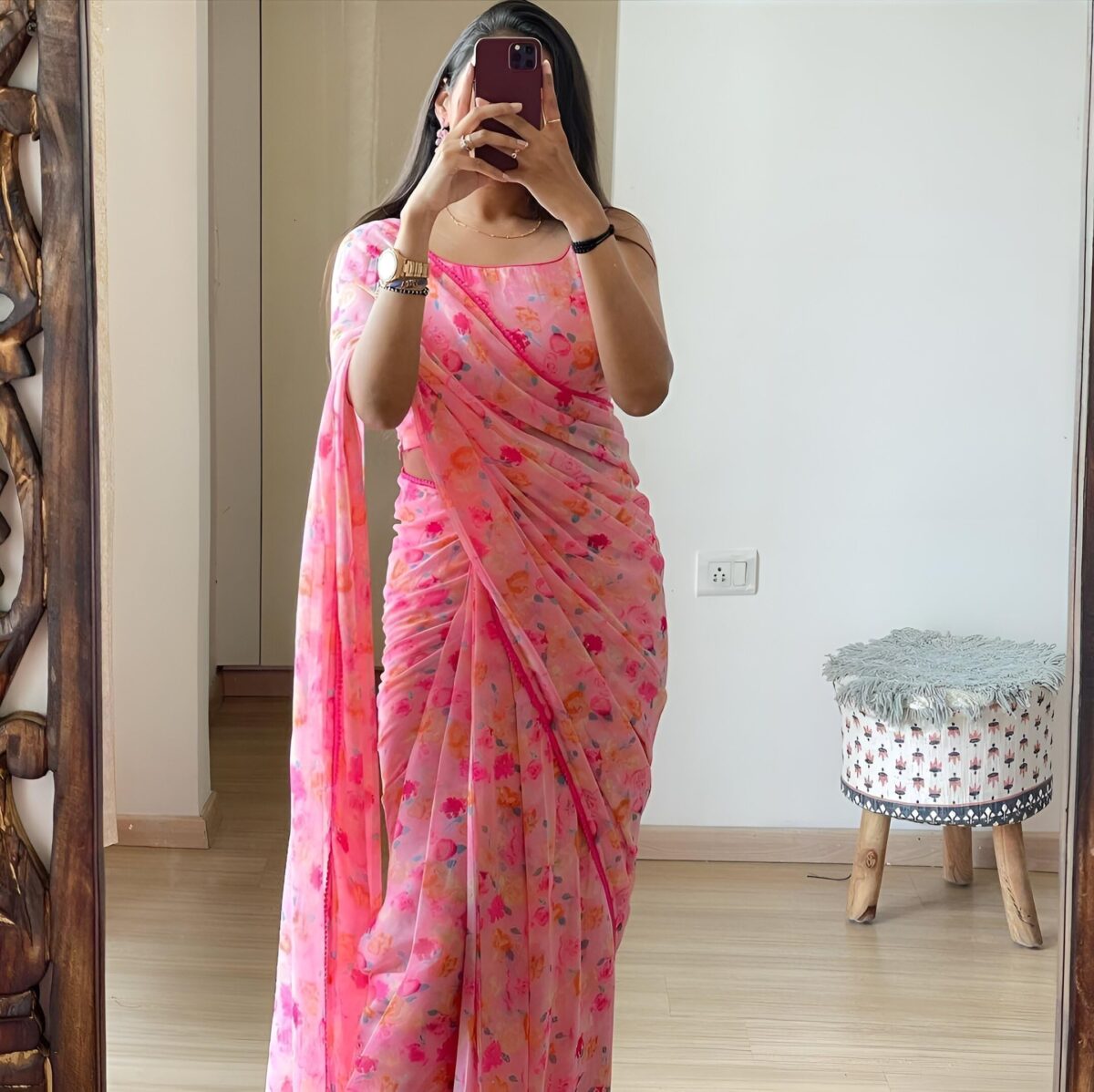 Stylescope Women's Georgette Floral Printed Lace Bordered Ready To Wear One Minute Saree With Print Unstitched Blouse Piece (Candy Pink_Pink_Free Size) - Image 2