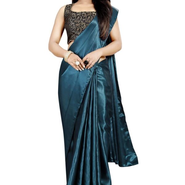 Market Magic World Women's Satin Saree With Blouse Piece (Jst-Silk_Peacock_Free Size_Dark Green)