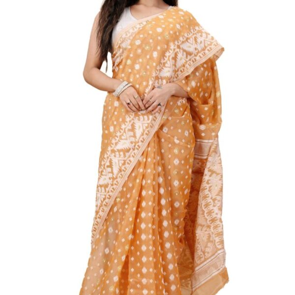 OISHANI SAREE GHOR Women's Traditional Bengal Cotton Silk Jamdani Saree (BROWN)