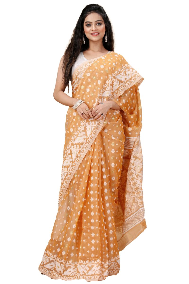 OISHANI SAREE GHOR Women's Traditional Bengal Cotton Silk Jamdani Saree (BROWN)