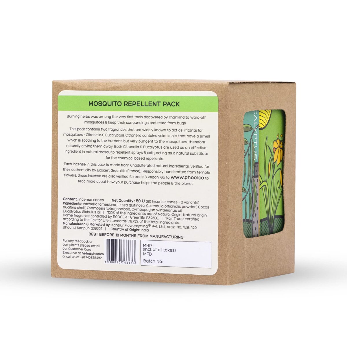 PHOOL LUXURY INCENSE Mosquito Repellent|Pack Of 2(80 Organic Dhoop Cones|2 Fragrances- Citronella&Eucalyptus)+1 Free Ceramic Holder|Handrolled|Sulphur&Charcoal Free|100% Organic(500 Gms) - Image 2