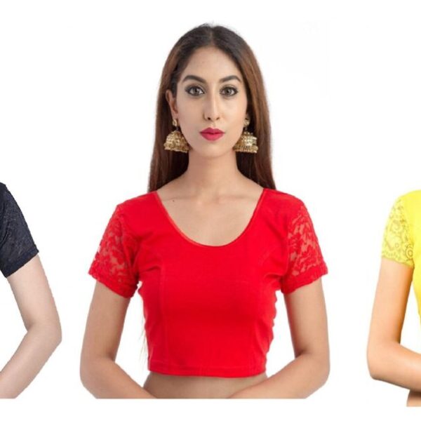 Fressia Fabrics Women's Stretchable Saree Blouse Crop Top Choli (Free Size) - Pack of 3