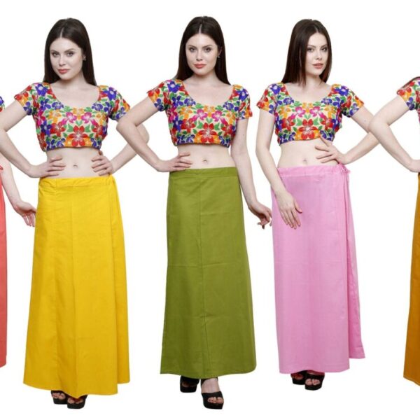 Pistaa's Women's Cotton Saree Petticoat (Peach, Yellow, Mehendi Green, Pastle Pink and Mustard, Free Size) - Pack of 5