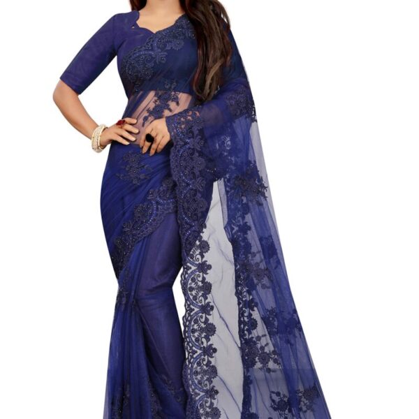 Vastraani Women's Cut Wok Embroidered Woven Net Saree with Blouse Piece (Blue, Free Size)