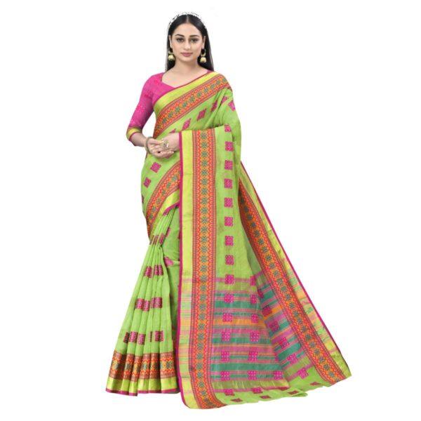 Sidhidata Women's Kota Doria Cotton Manipuri Saree With Unstitched Blouse Piece (Free Size) (Light Green)