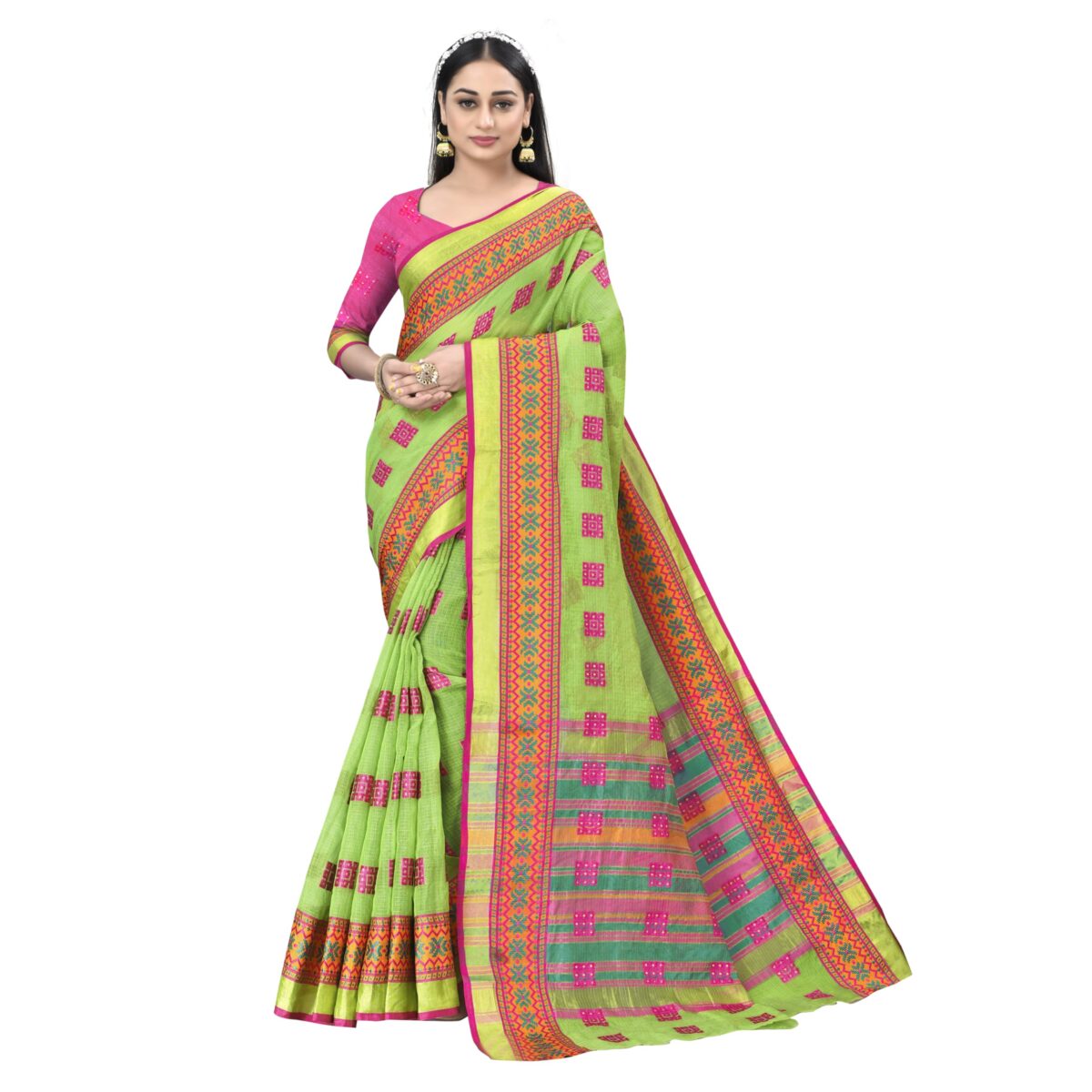Sidhidata Women's Kota Doria Cotton Manipuri Saree With Unstitched Blouse Piece (Free Size) (Light Green)