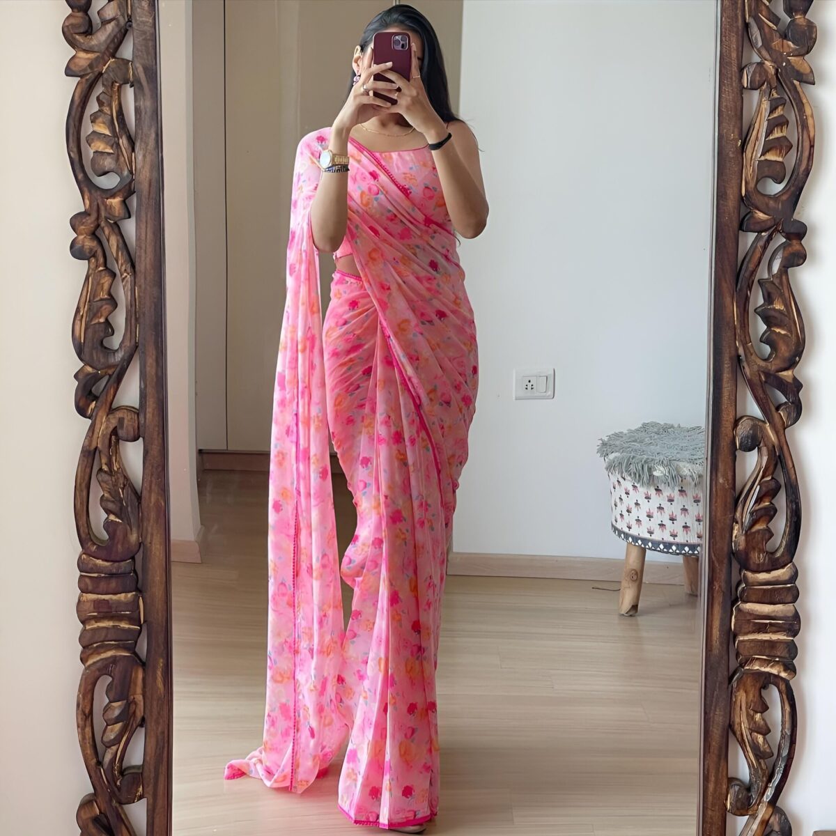 Stylescope Women's Georgette Floral Printed Lace Bordered Ready To Wear One Minute Saree With Print Unstitched Blouse Piece (Candy Pink_Pink_Free Size) - Image 4