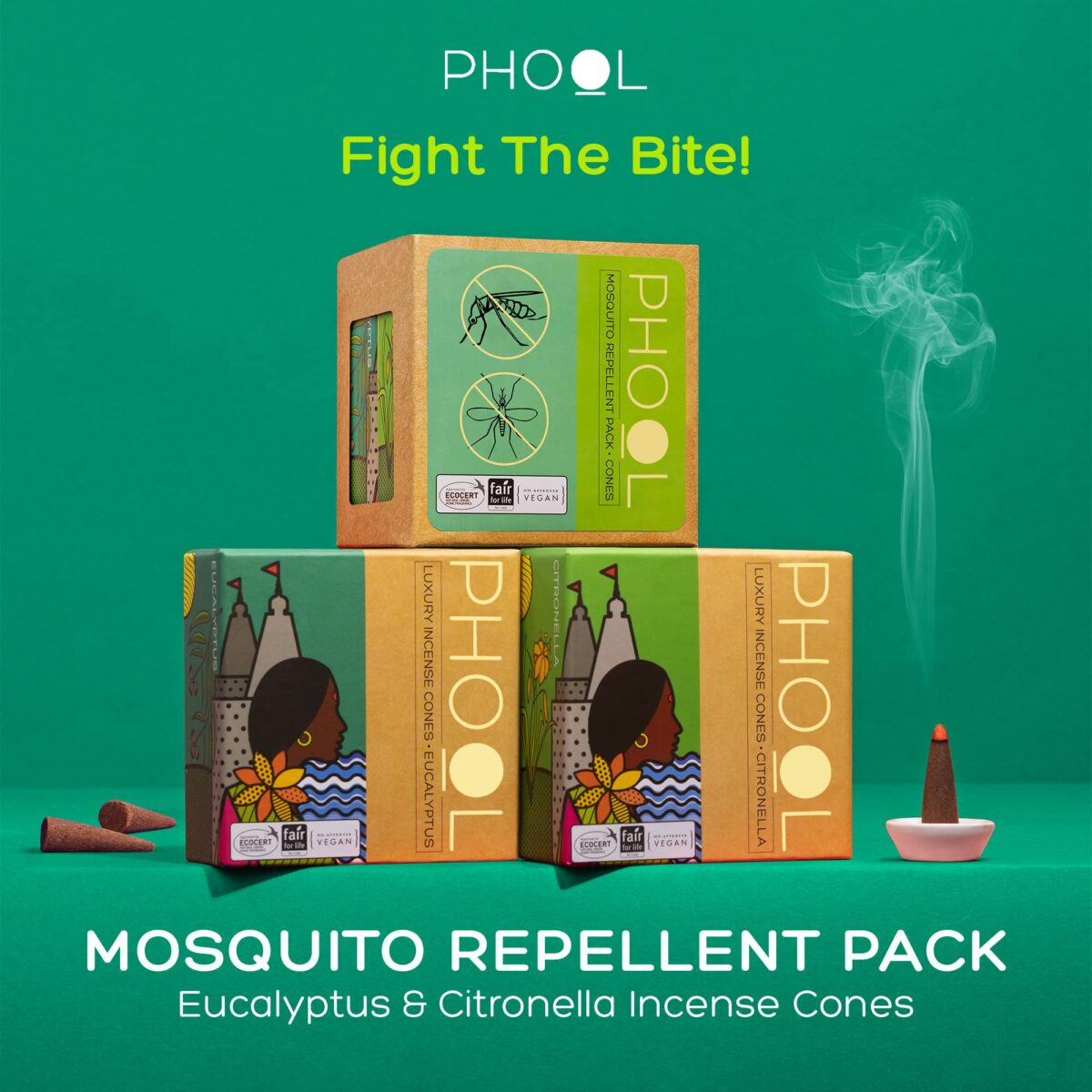 PHOOL LUXURY INCENSE Mosquito Repellent|Pack Of 2(80 Organic Dhoop Cones|2 Fragrances- Citronella&Eucalyptus)+1 Free Ceramic Holder|Handrolled|Sulphur&Charcoal Free|100% Organic(500 Gms) - Image 6